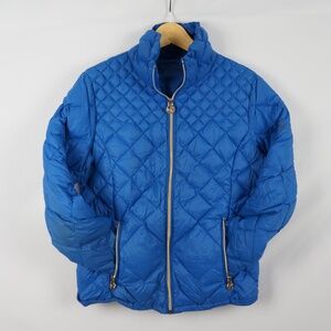 Michael Kors Blue Packable Down Fill Puffer Gold Zippers Jacket MK Logo, Medium
